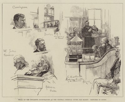 Trial of Dynamite Conspirators at the Central Criminal Court, Old Bailey, Sketches in Court by Amedee Forestier